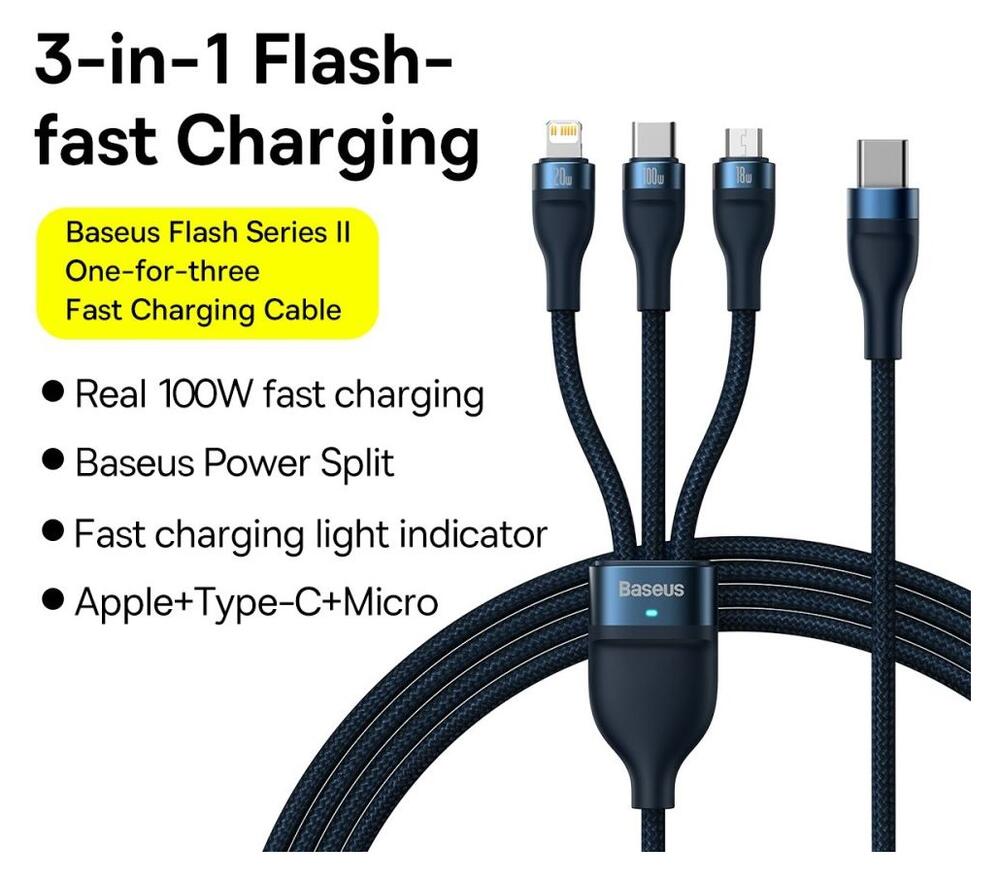 Baseus USB-C 3-in-1 Lightning/USB-C/Micro USB Kabel 100W 1.5M Blauw afbeelding 4