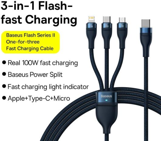 Baseus USB-C 3-in-1 Lightning/USB-C/Micro USB Kabel 100W 1.5M Blauw afbeelding 4