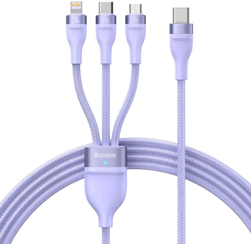 Baseus USB-C 3-in-1 Lightning/USB-C/Micro USB Kabel 100W 1.5M Paars afbeelding 1