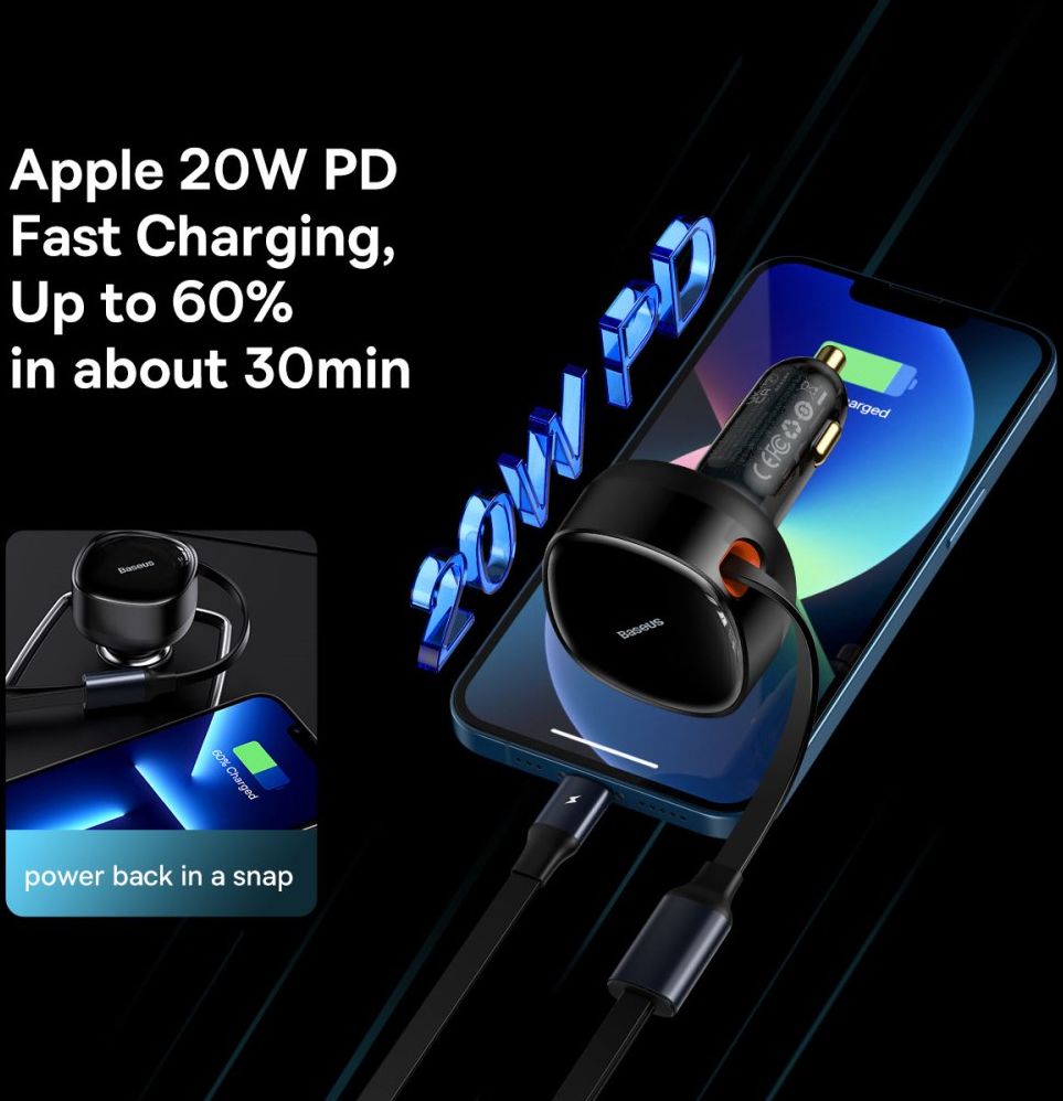 Baseus 30W Fast Charge Autolader met Uitrekbare Lightning/USB-C Kabel afbeelding 6