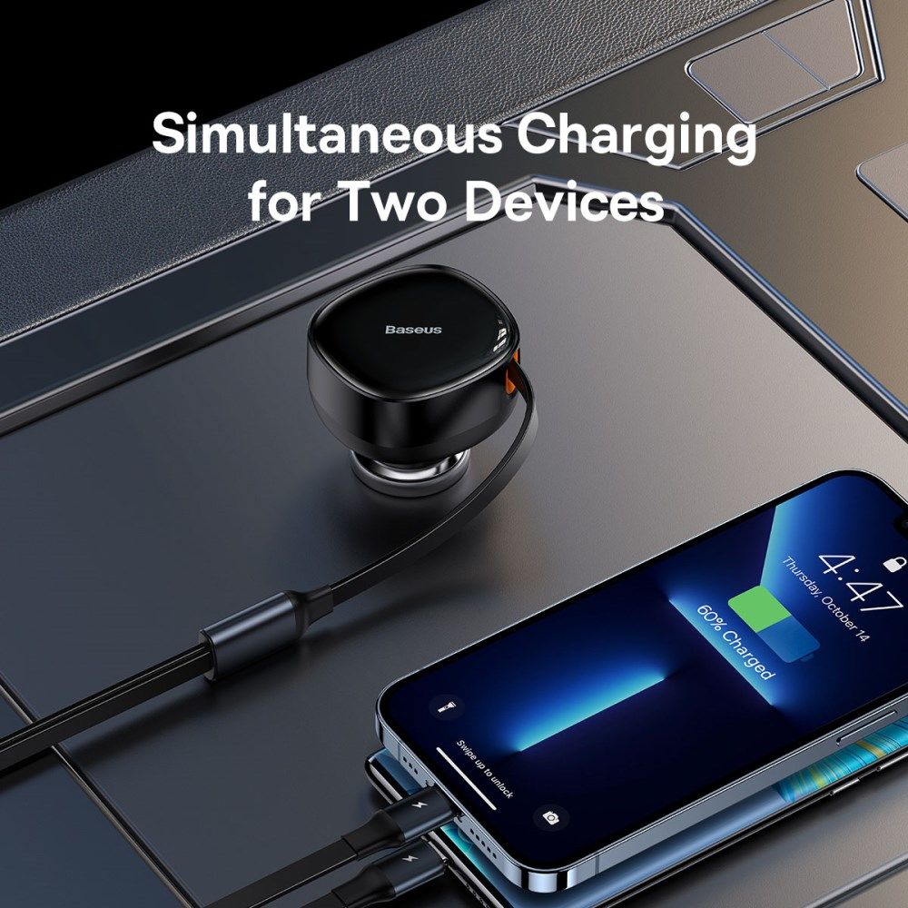 Baseus 30W Fast Charge Autolader met Uitrekbare Lightning/USB-C Kabel afbeelding 7