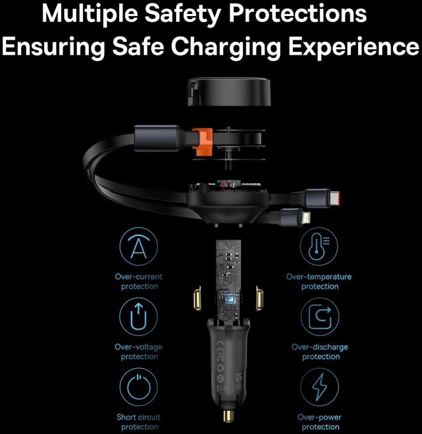 Baseus 30W Fast Charge Autolader met Uitrekbare Lightning/USB-C Kabel afbeelding 8