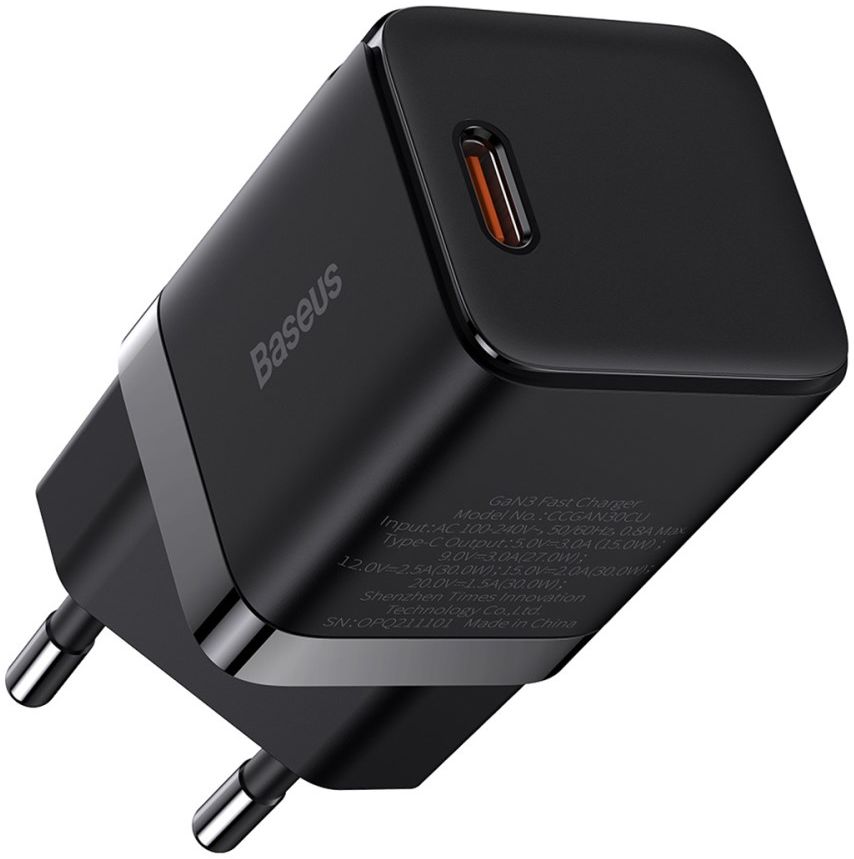 Baseus GaN3 USB-C Snellader 30W Power Delivery Adapter Zwart afbeelding 1