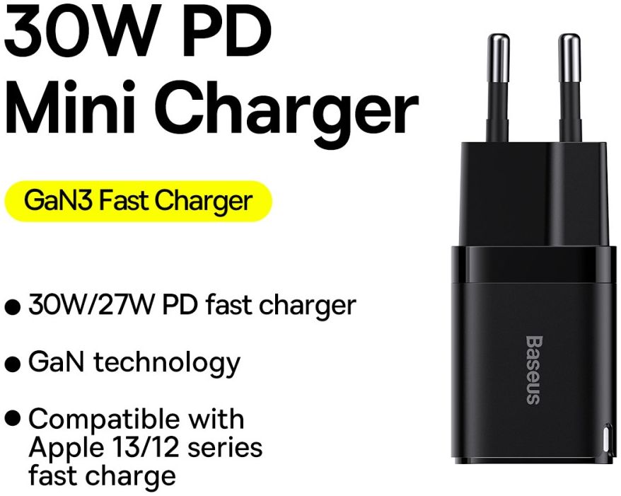 Baseus GaN3 USB-C Snellader 30W Power Delivery Adapter Zwart afbeelding 5