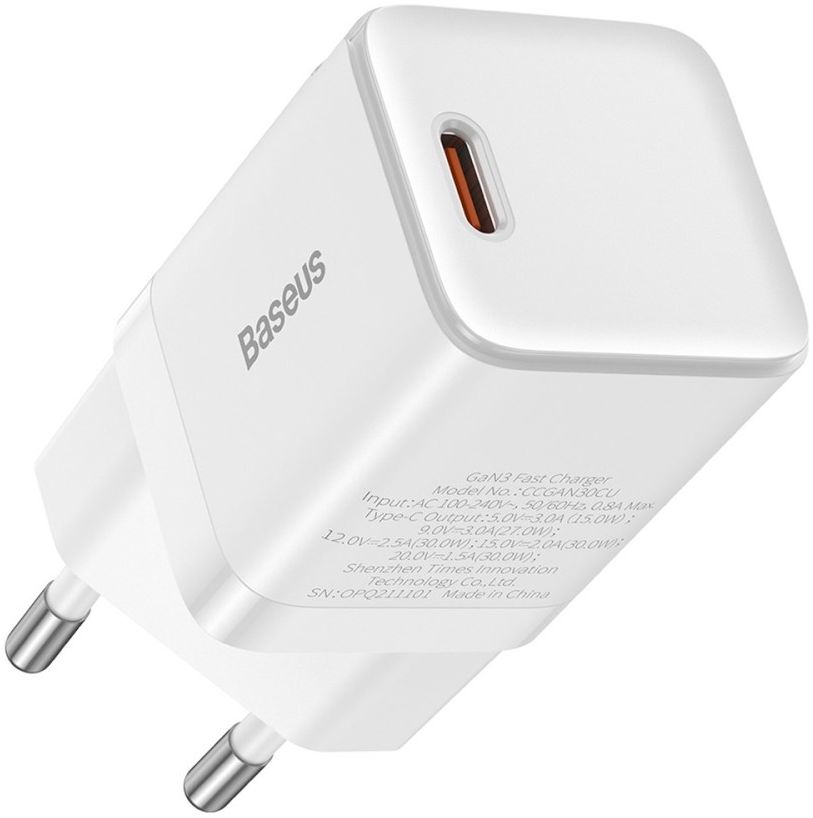 Baseus GaN3 USB-C Snellader 30W Power Delivery Adapter Wit afbeelding 1