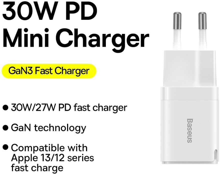 Baseus GaN3 USB-C Snellader 30W Power Delivery Adapter Wit afbeelding 5