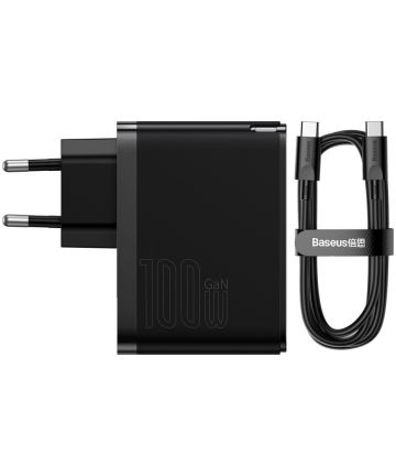 Baseus GaN5 100W Snellader met Fast Charge + 100W USB-C Kabel Zwart Opladers