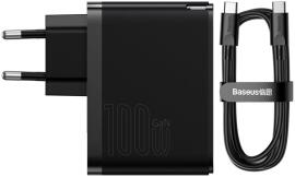Baseus GaN5 100W Snellader met Fast Charge + 100W USB-C Kabel Zwart