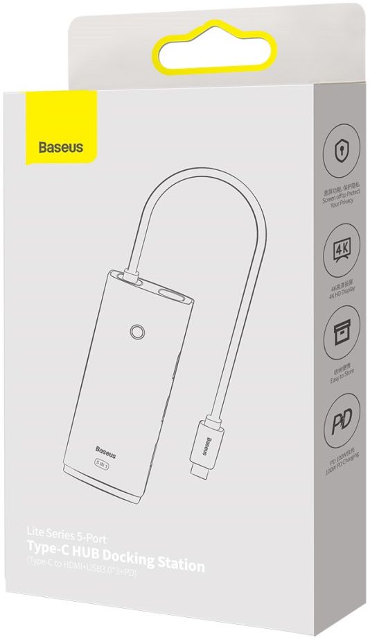 Baseus Lite 5-in-1 100W USB-C Hub naar USB-C PD/3x USB 3.0/HDMI Zwart afbeelding 12