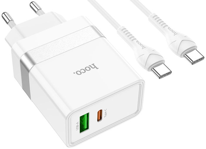 Hoco 30W USB/USB-C Snellader PD + QC 3.0 met USB-C Kabel 1M Wit afbeelding 2