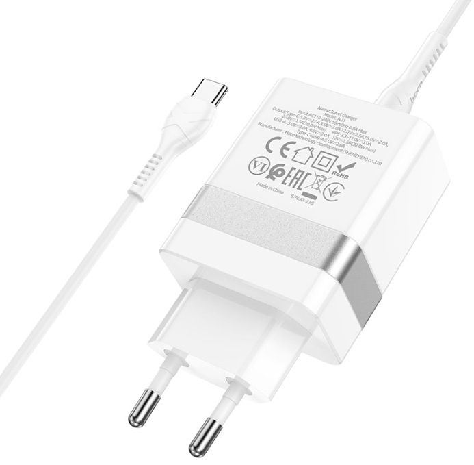 Hoco 30W USB/USB-C Snellader PD + QC 3.0 met USB-C Kabel 1M Wit afbeelding 7