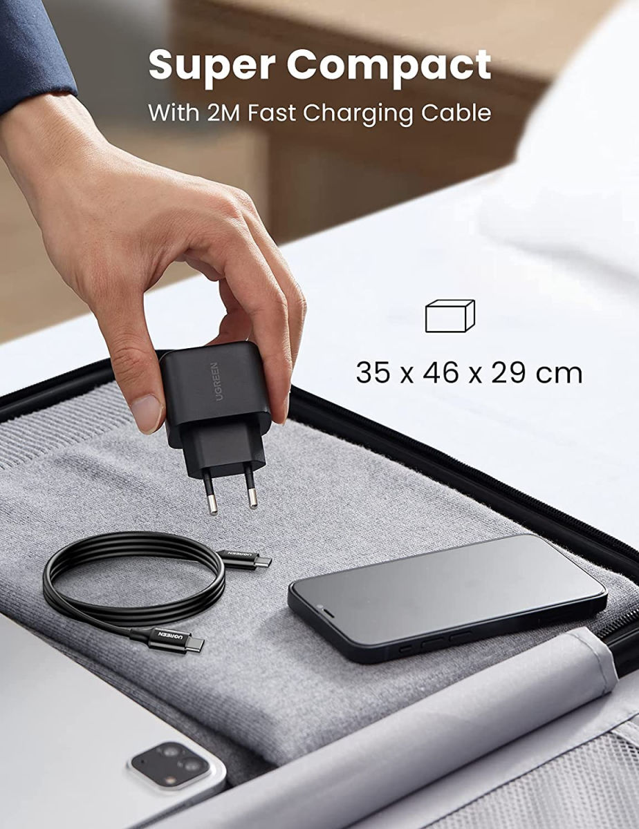 UGREEN Snellader 25W PD + USB-C naar USB-C Kabel 3A 2M Zwart afbeelding 10