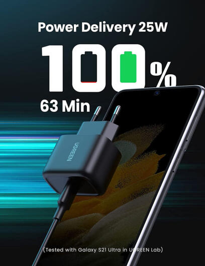 UGREEN Snellader 25W PD + USB-C naar USB-C Kabel 3A 2M Zwart afbeelding 5