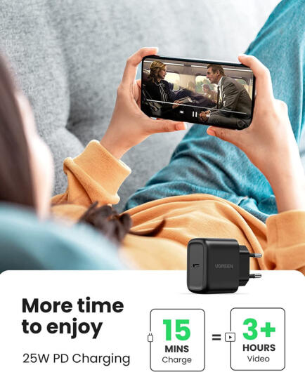 UGREEN Snellader 25W PD + USB-C naar USB-C Kabel 3A 2M Zwart afbeelding 8