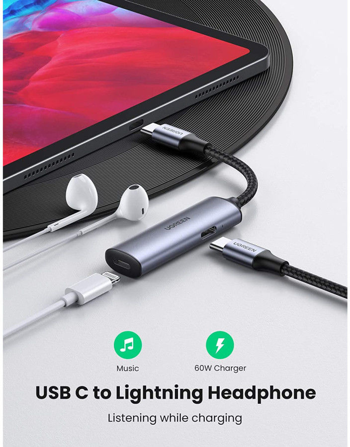 UGREEN 2-in-1 Adapter USB-C naar USB-C/Lightning 60W PD Splitter Grijs afbeelding 2