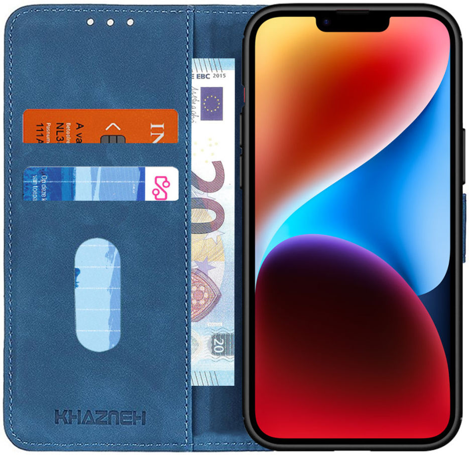 KHAZNEH Apple iPhone 14 Plus Hoesje Retro Wallet Book Case Blauw afbeelding 1
