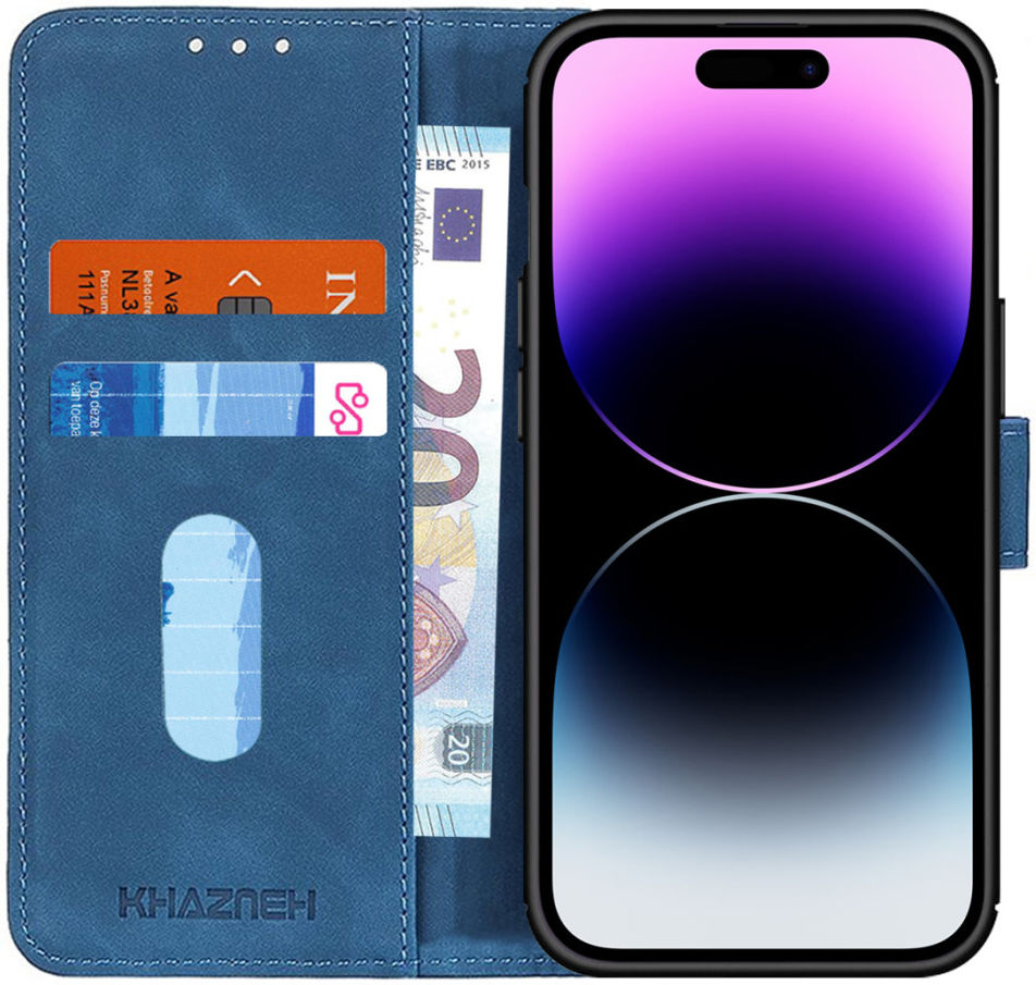 KHAZNEH Apple iPhone 14 Pro Hoesje Retro Wallet Book Case Blauw afbeelding 1