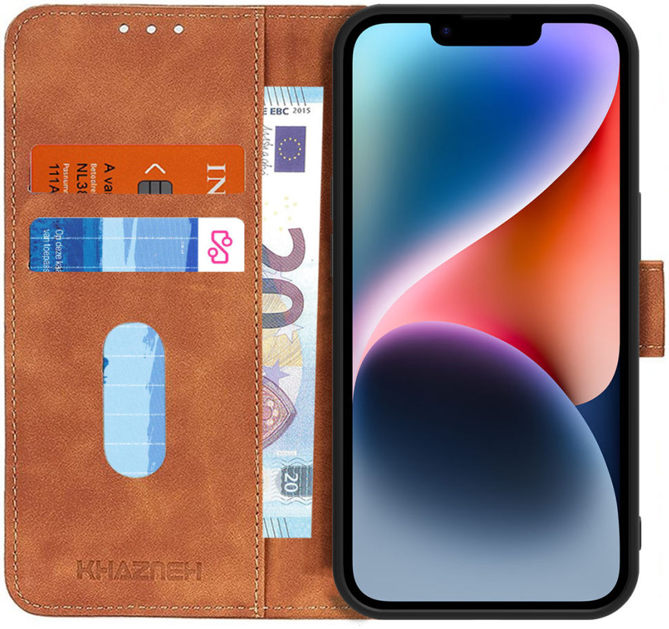 KHAZNEH Apple iPhone 14 Hoesje Retro Wallet Book Case Kunstleer Bruin afbeelding 1