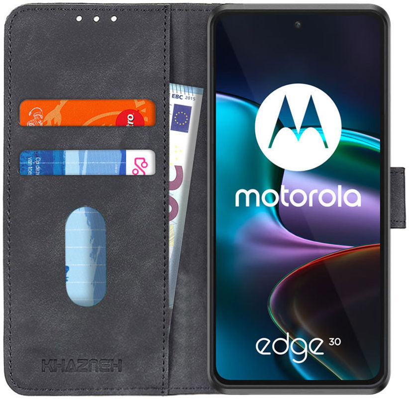 KHAZNEH Motorola Edge 30 Hoesje Retro Wallet Book Case Kunstleer Zwart afbeelding 1