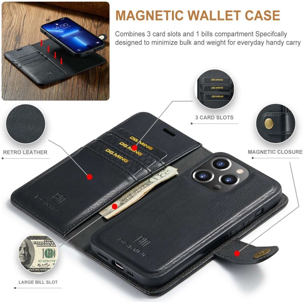DG Ming iPhone 14 Pro Max Hoesje 2-in-1 Book Case en Back Cover Zwart afbeelding 6
