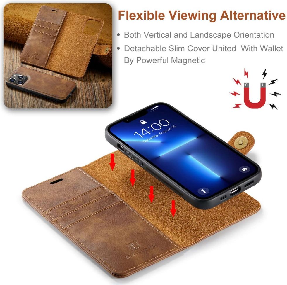DG Ming iPhone 14 Pro Max Hoesje 2-in-1 Book Case en Back Cover Bruin afbeelding 4