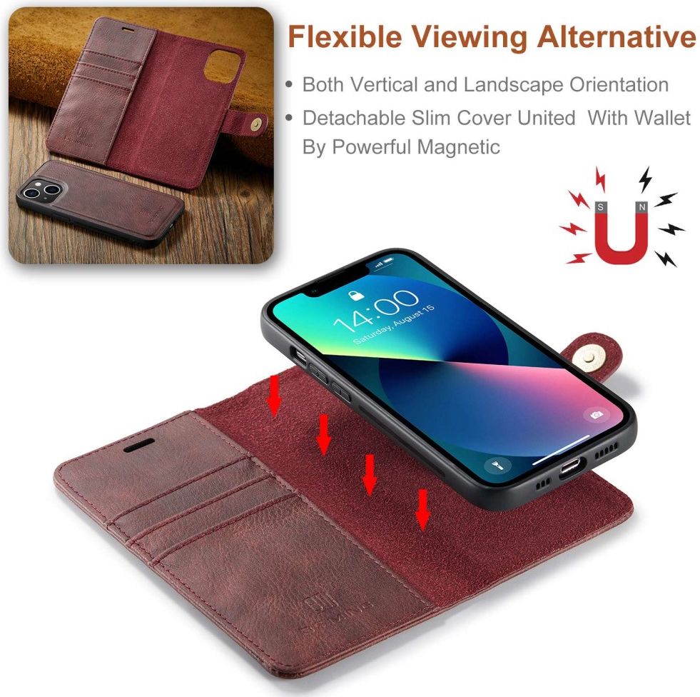 DG Ming Apple iPhone 14 Hoesje 2-in-1 Book Case en Back Cover Rood afbeelding 4