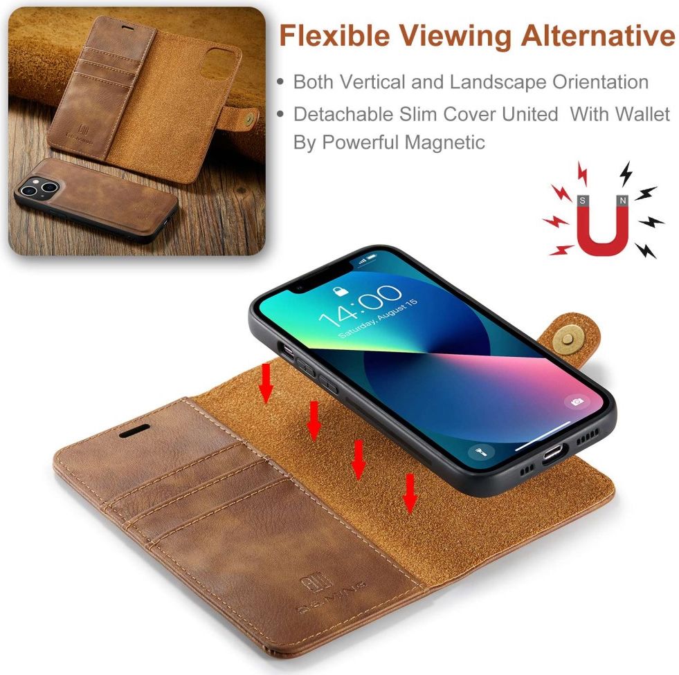 DG Ming Apple iPhone 14 Hoesje 2-in-1 Book Case en Back Cover Bruin afbeelding 4