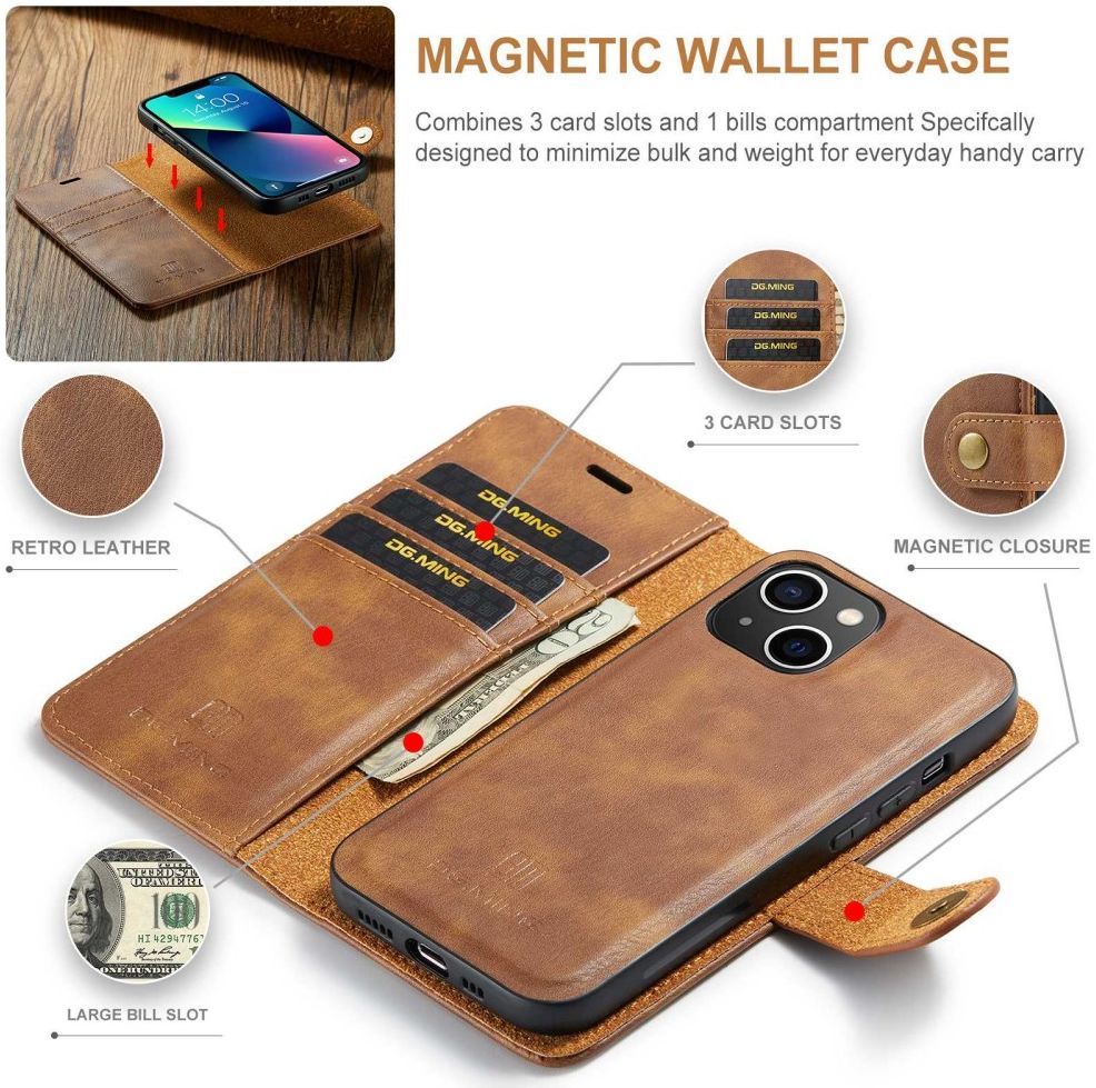 DG Ming Apple iPhone 14 Hoesje 2-in-1 Book Case en Back Cover Bruin afbeelding 6