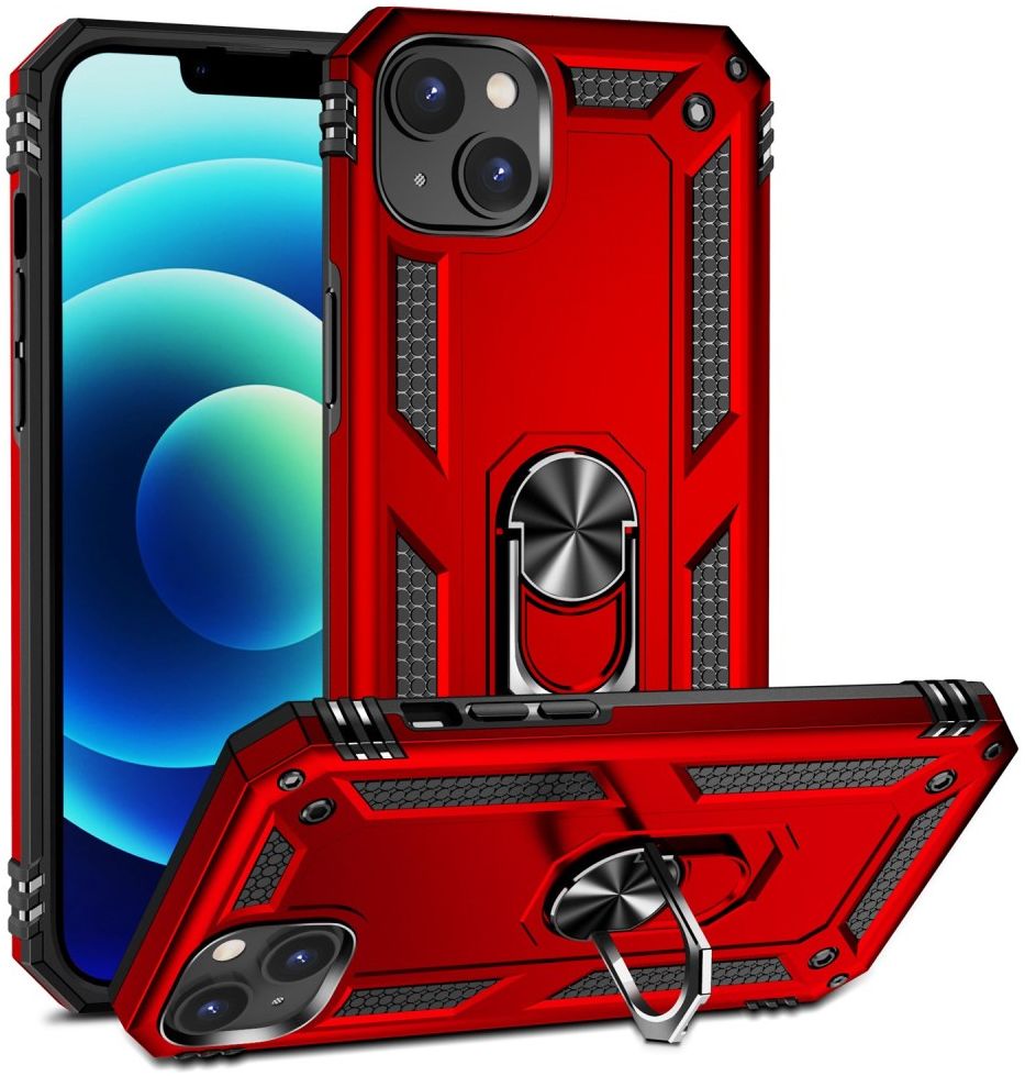 Apple iPhone 14 Hoesje Hybride Kickstand Back Cover Rood afbeelding 1