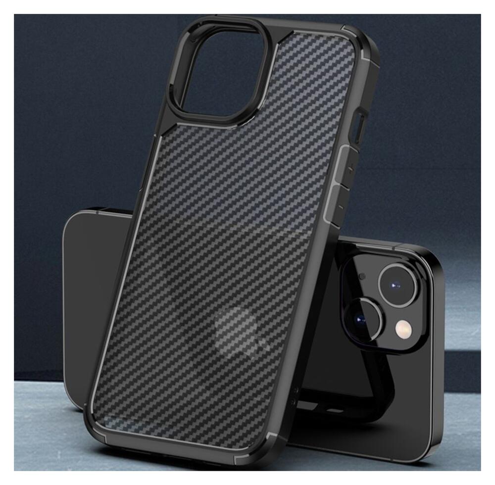 Apple iPhone 14 Hoesje Carbon Back Cover Schokbestendig Zwart afbeelding 3