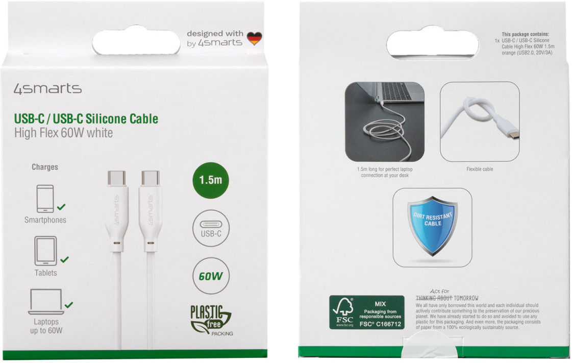 4smarts 60W USB-C naar USB-C Snellaad Kabel Siliconen 1.5M Wit afbeelding 7