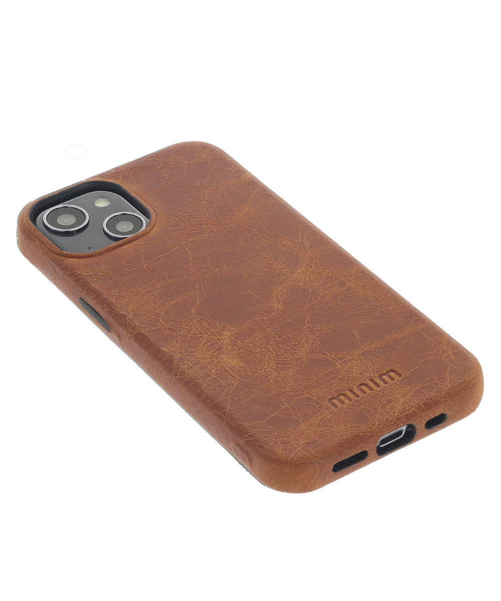 Minim Apple iPhone 14 Hoesje Echt Leer Back Cover Cognac afbeelding 2
