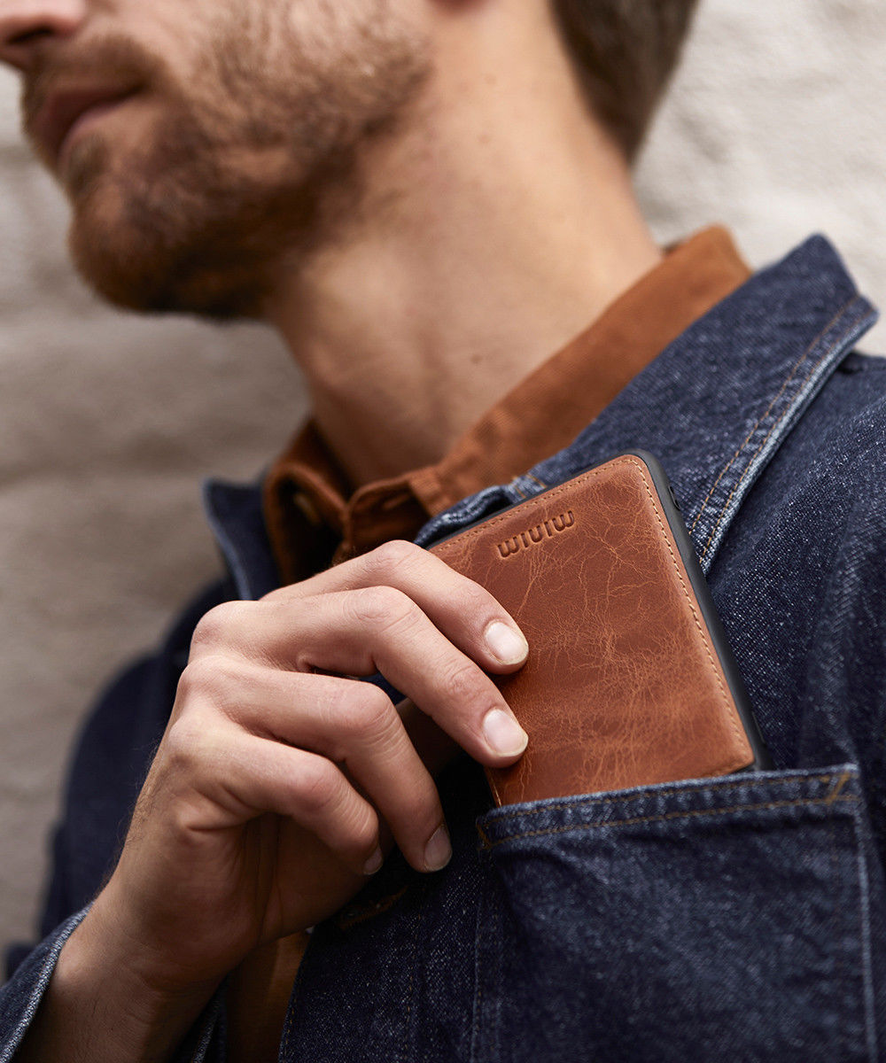 Minim Apple iPhone 14 Hoesje Echt Leer Back Cover Cognac afbeelding 3