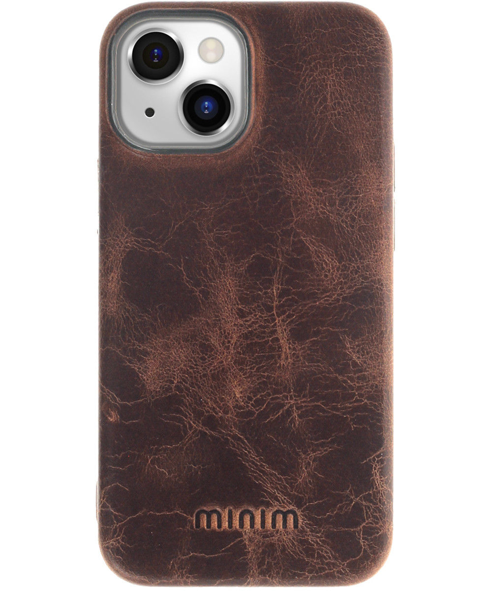 Minim Apple iPhone 14 Hoesje Echt Leer Back Cover Bruin afbeelding 1