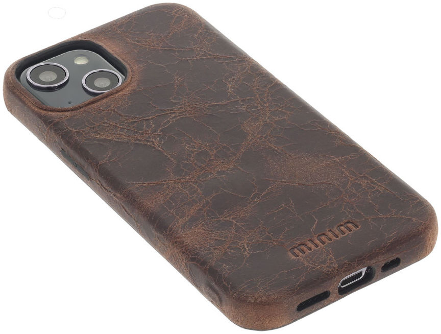 Minim Apple iPhone 14 Hoesje Echt Leer Back Cover Bruin afbeelding 2