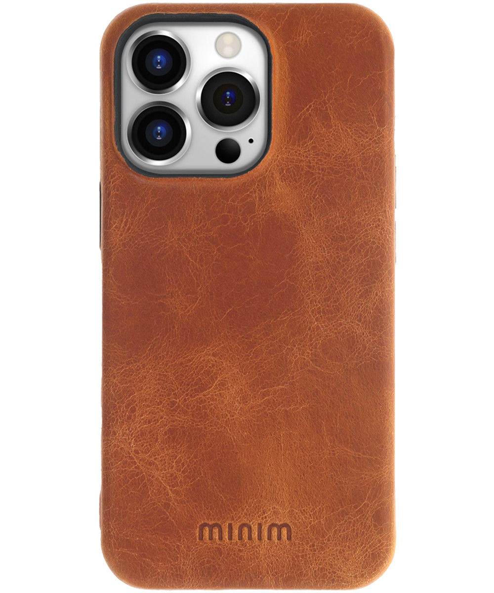 Minim Apple iPhone 14 Pro Hoesje Echt Leer Back Cover Cognac afbeelding 1