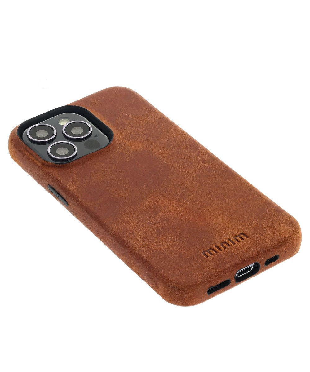 Minim Apple iPhone 14 Pro Hoesje Echt Leer Back Cover Cognac afbeelding 2