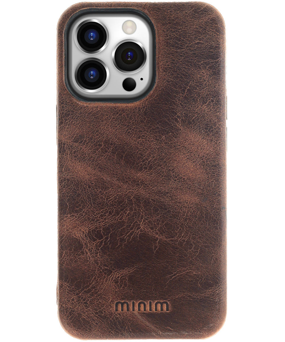 Minim Apple iPhone 14 Pro Hoesje Echt Leer Back Cover Bruin afbeelding 1