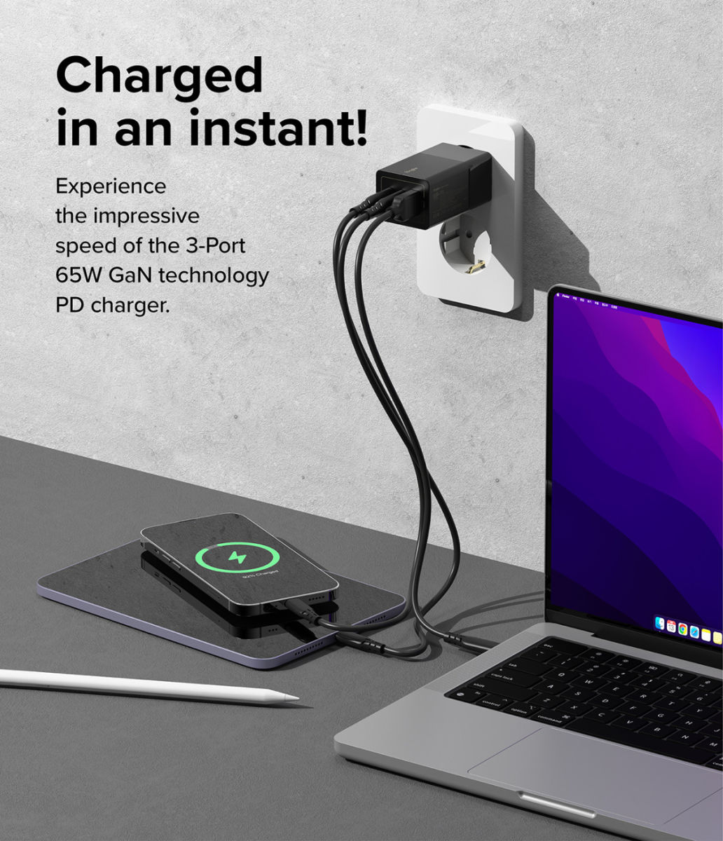 Ringke USB/USB-C GaN Snellader 65W PD 3.0/QC 3.0 Adapter Zwart afbeelding 3