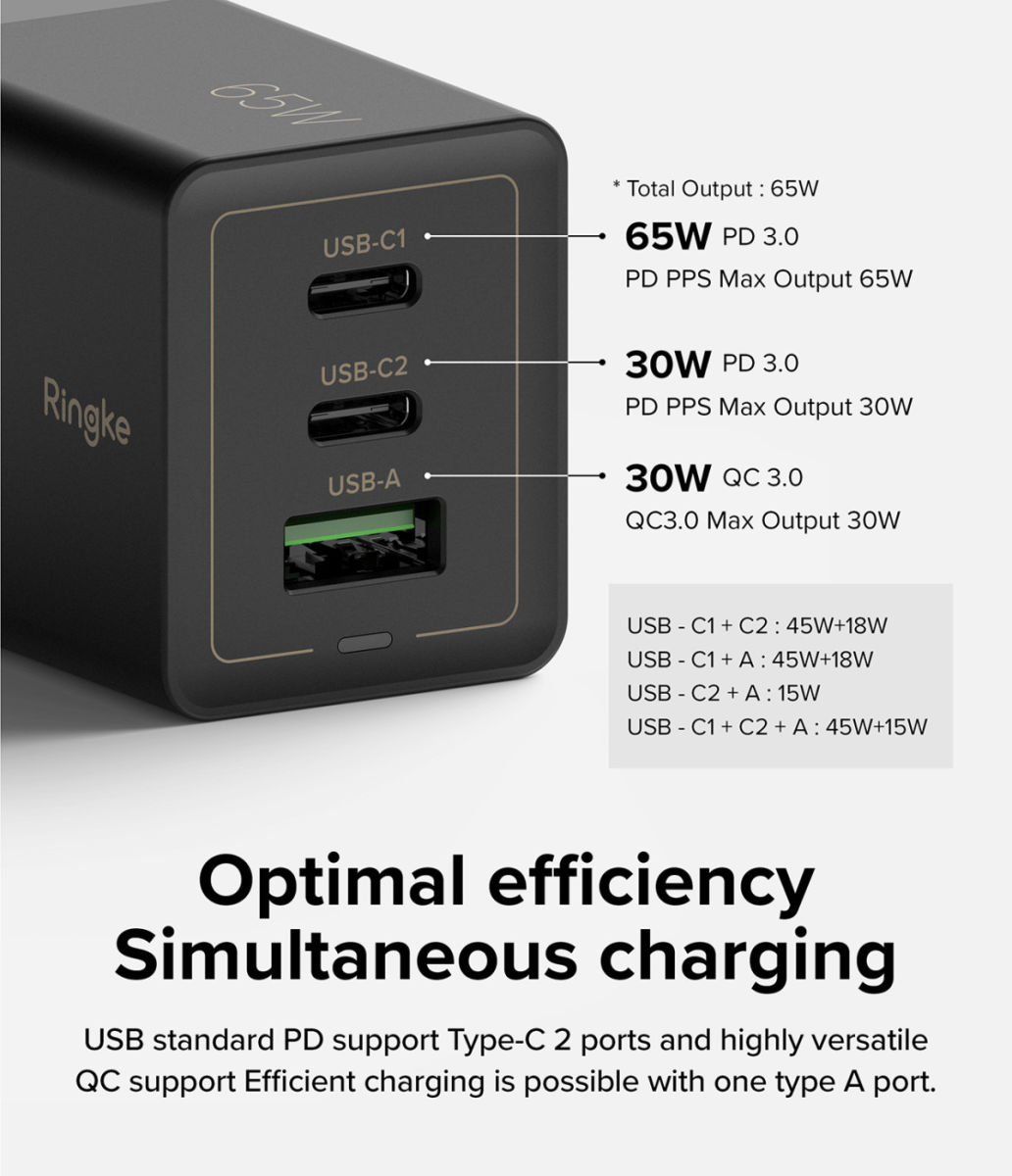 Ringke USB/USB-C GaN Snellader 65W PD 3.0/QC 3.0 Adapter Zwart afbeelding 4