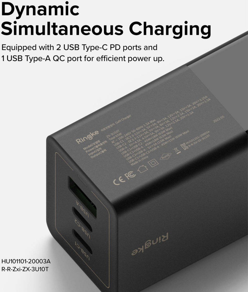 Ringke USB/USB-C GaN Snellader 65W PD 3.0/QC 3.0 Adapter Zwart afbeelding 5