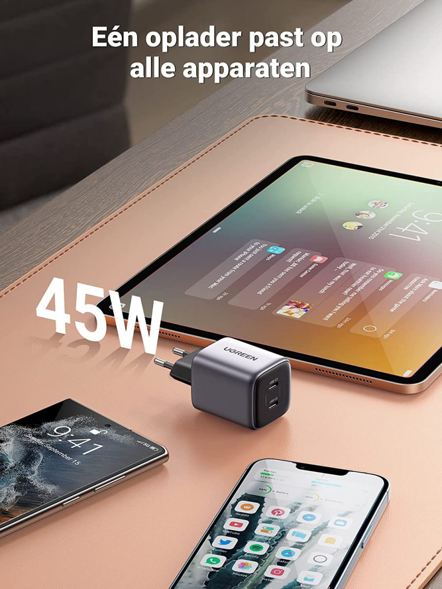 UGREEN Nexode 45W PD USB-C Snellader GaN Adaper Fast Charge Grijs afbeelding 4