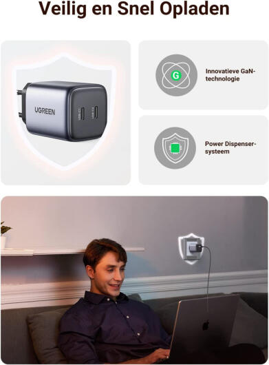 UGREEN Nexode 45W PD USB-C Snellader GaN Adaper Fast Charge Grijs afbeelding 6