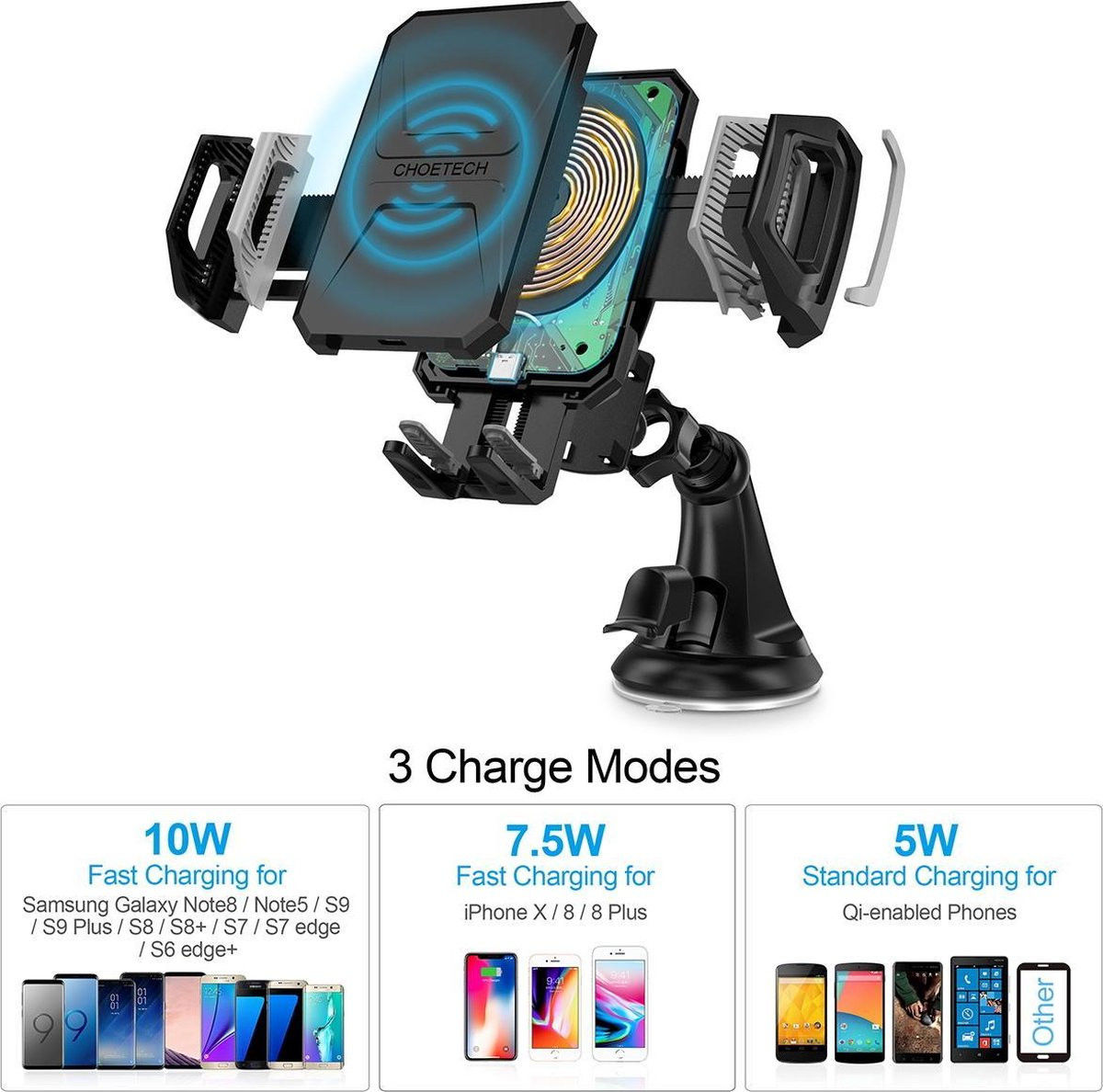 Choetech Raam/Dashboard Telefoonhouder met Draadloos Opladen 10W Zwart afbeelding 3