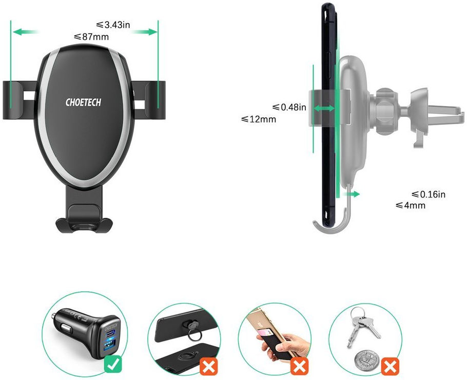 Choetech Dashboard/Ventilatierooster Houder met Draadloos Opladen 10W afbeelding 7