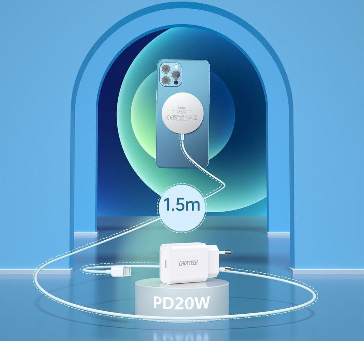Choetech Magnetische Draadloze MagSafe Oplader 15W met 20W Adapter Wit afbeelding 3