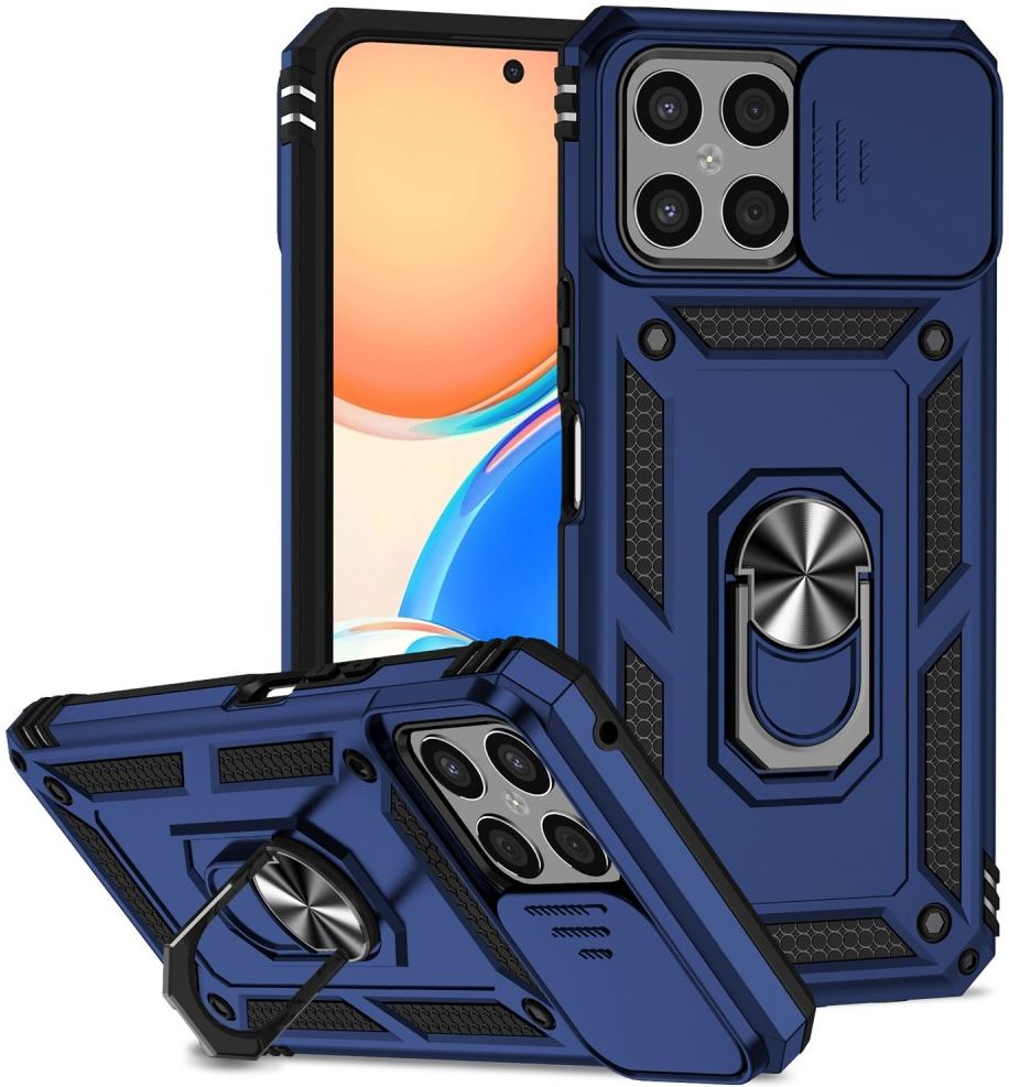 Honor X8 Hoesje met Camera Slider en Kickstand Ring Back Cover Blauw afbeelding 1