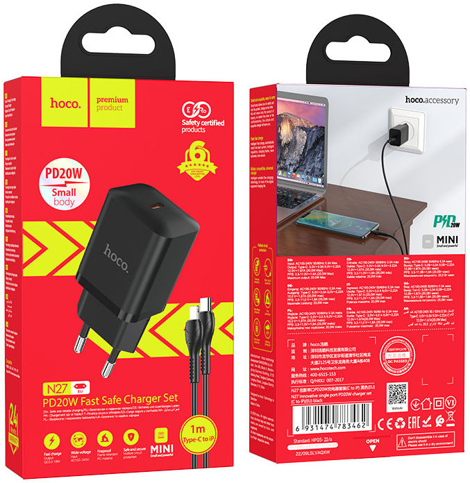 Hoco N27 20W Power Delivery USB-C Snellader + Lightning Kabel 1M Zwart afbeelding 4