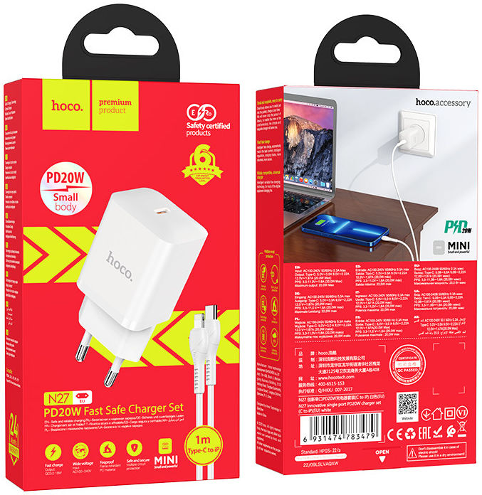 Hoco N27 20W Power Delivery USB-C Snellader + Lightning Kabel 1M Wit afbeelding 6