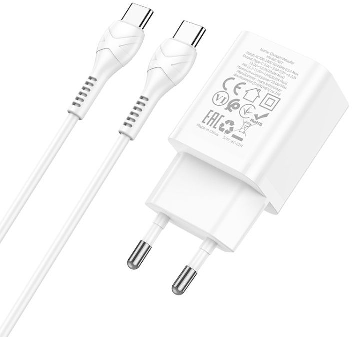 Hoco 20W USB-C Oplader Fast Charge Adapter + USB-C Kabel 1M Wit afbeelding 2